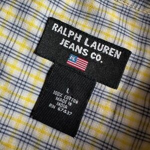 POLO JEANS CO Men’s Yellow & Navy Plaid All Cotton Short Sleeve BD Shirt - LG